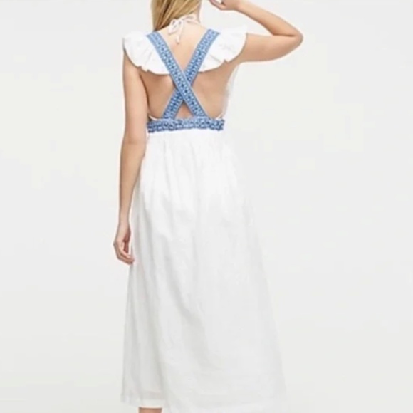 JCREW WOMENS MAXI LENGTH LINEN COTTON BLEND PLUNGE V NECK DRESS WHITE BLUE LARGE - Picture 2 of 10